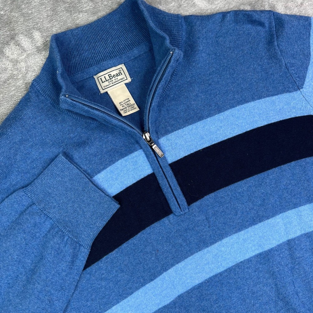 L.L.Bean Quarter Zip Cashmere Blend‎ Sweater Mens XL Tall Blue Striped Preppy
